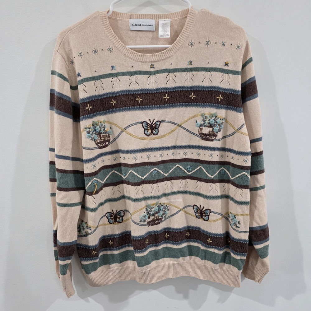 Vintage Womens Sweater Size XL Beaded Butterfly Floral Basket Garden Pointelle